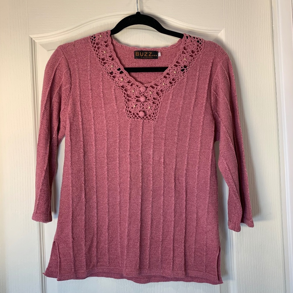 Buzz Vintage Crochet-Neck Lightweight Knit Top | Dusty Rose | 7/8 Sleeves | L